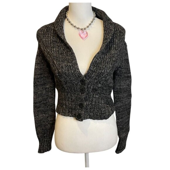 Vintage Trina Turk 100% Wool Gray Button Cardigan Sweater Plunge V-Neck Sz S - Picture 1 of 8